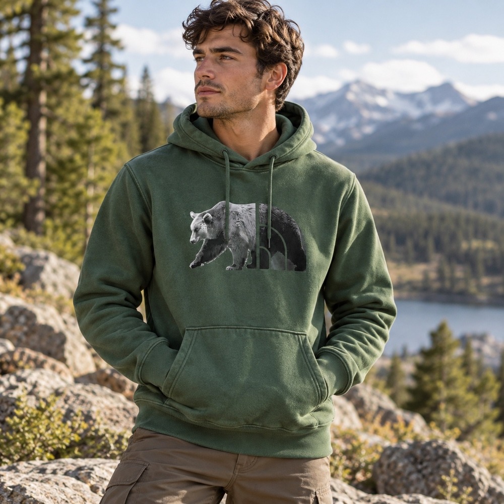 The North Face Mens Forest Green Grizzly Bear Logo Graphic Hoodie Large